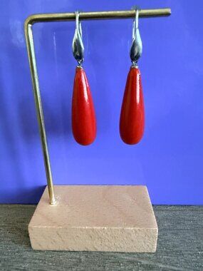 Natural Italian Red Coral and Sterling Silver Teardrop Earrings - NWOT